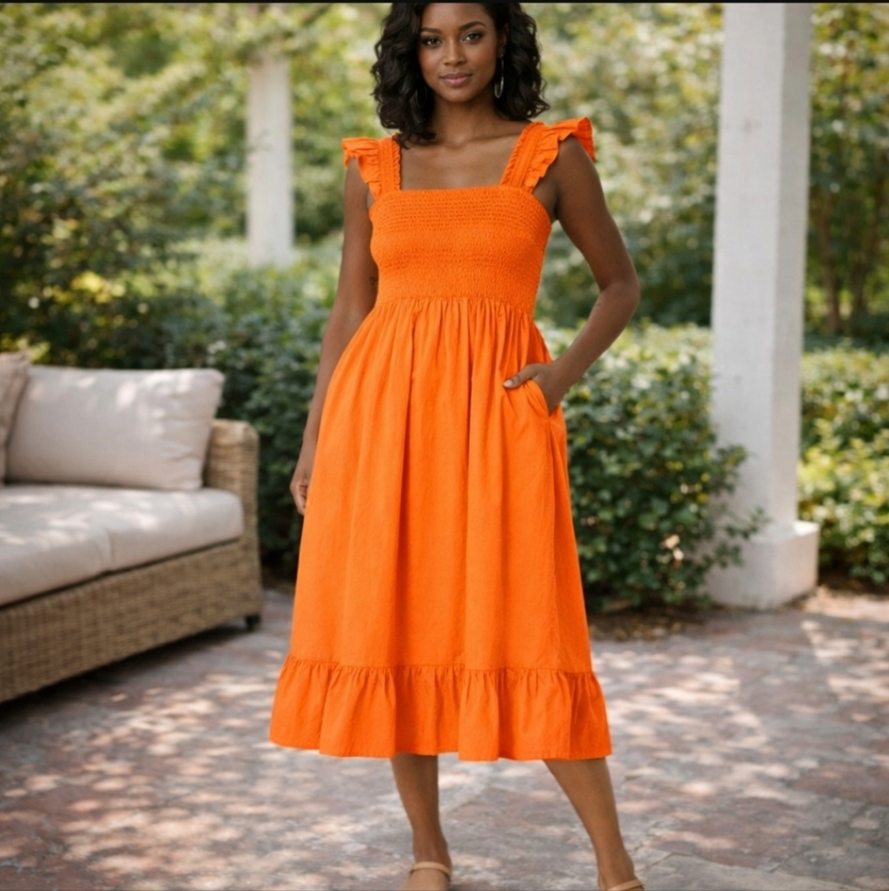 The Drop Ruffle-Strap Midi Dress in Orange